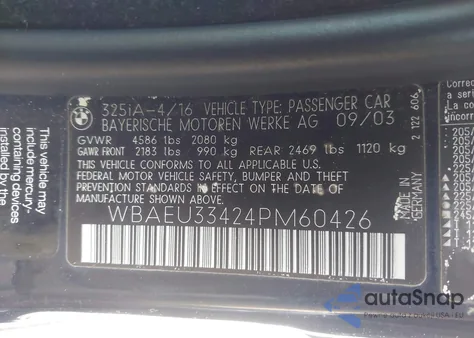 2004 BMW 325Xi из США, поврежденный, VIN WBAEU33424PM60426